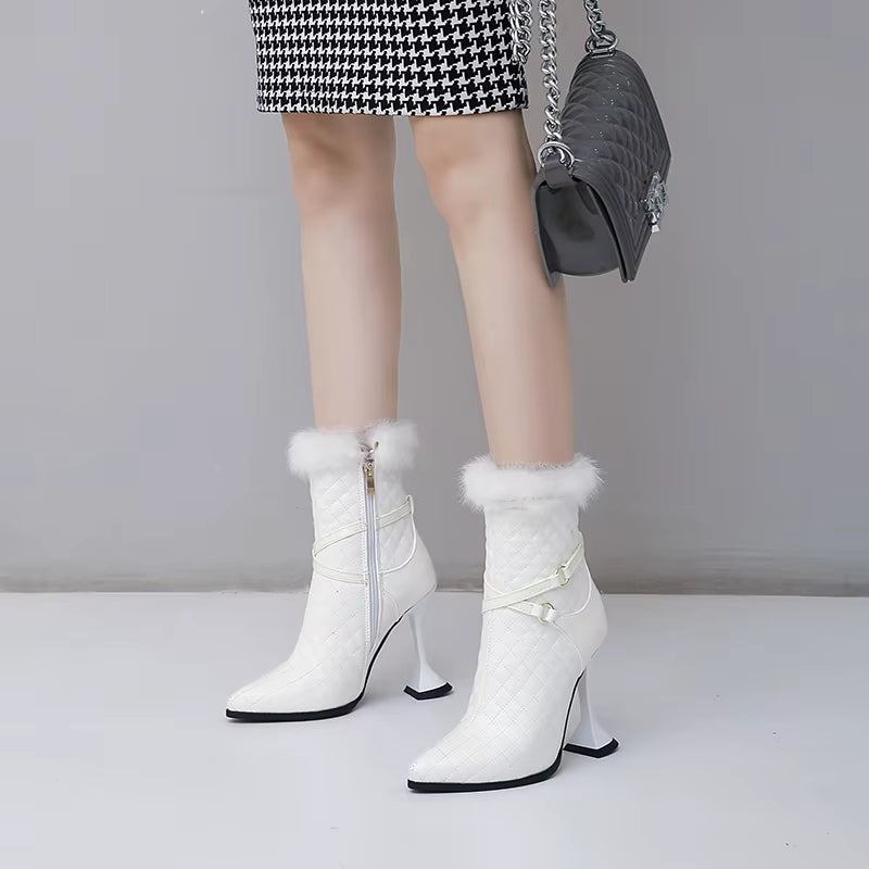 Elegant Rabbit Fur Side Zipper Party Pumps Square High Heels Boots