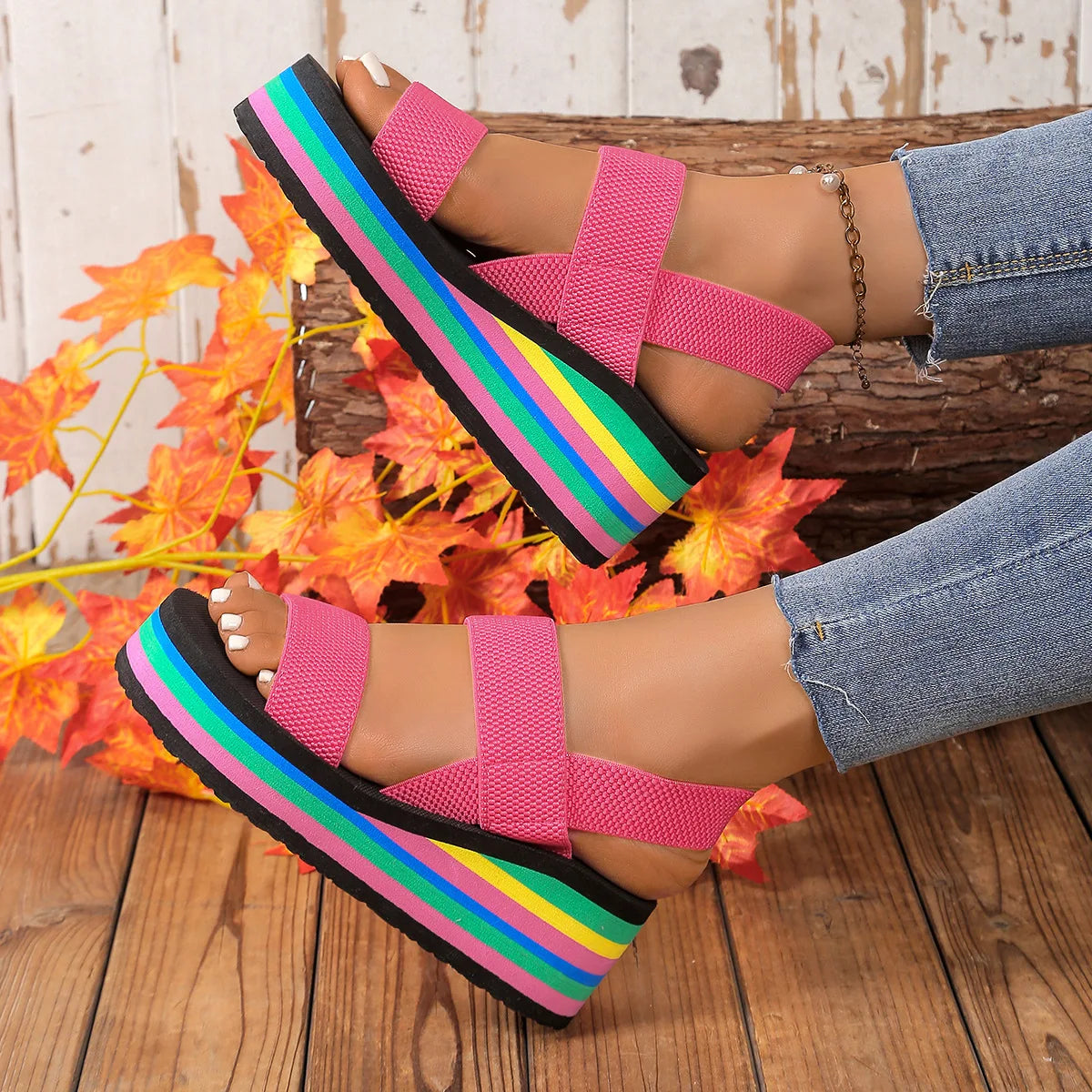 Rainbow Sole Soft EVA Light Weight Summer Wedges Sandals