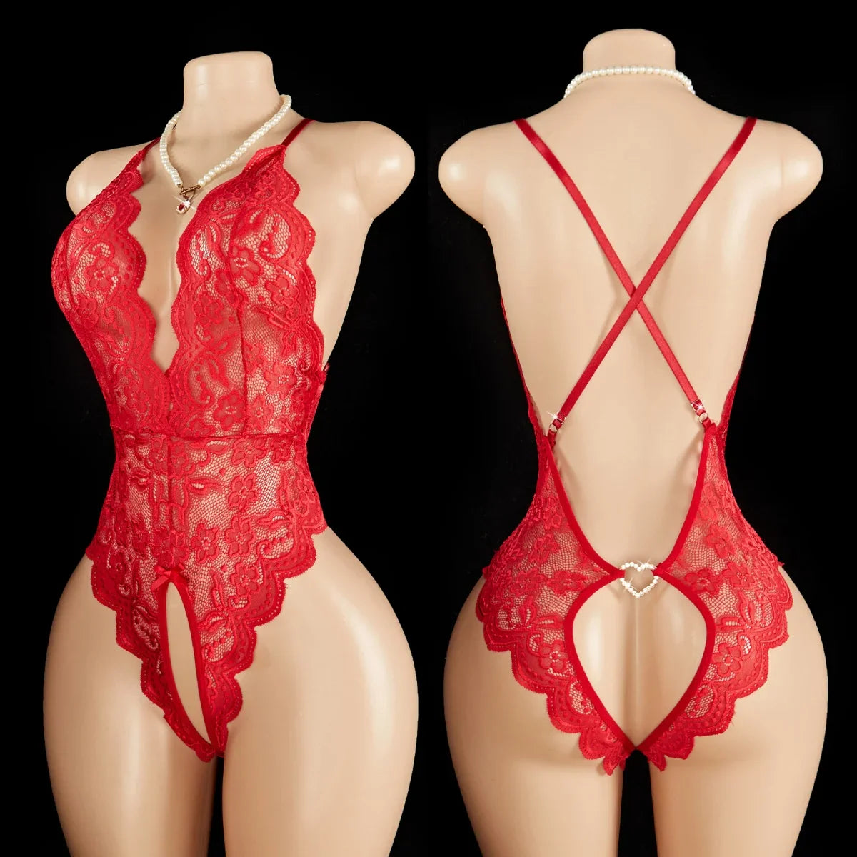 Red Backless Crotchless Transparent Lace Teddy Babydolls Bodysuits One-piece Deep V Neck Open Bra Erotic Lingerie