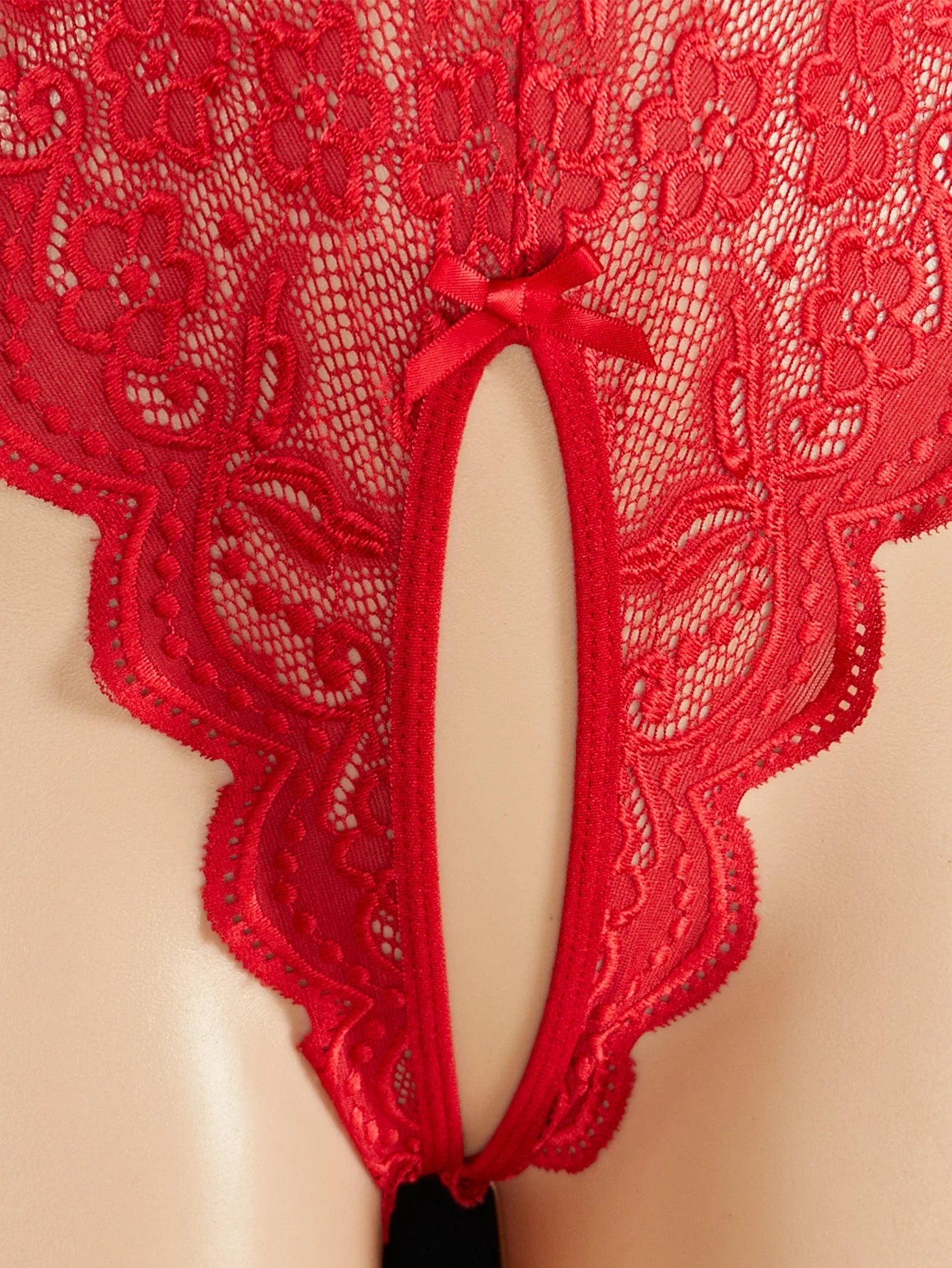 Red Backless Crotchless Transparent Lace Teddy Babydolls Bodysuits One-piece Deep V Neck Open Bra Erotic Lingerie