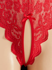 Red Backless Crotchless Transparent Lace Teddy Babydolls Bodysuits One-piece Deep V Neck Open Bra Erotic Lingerie