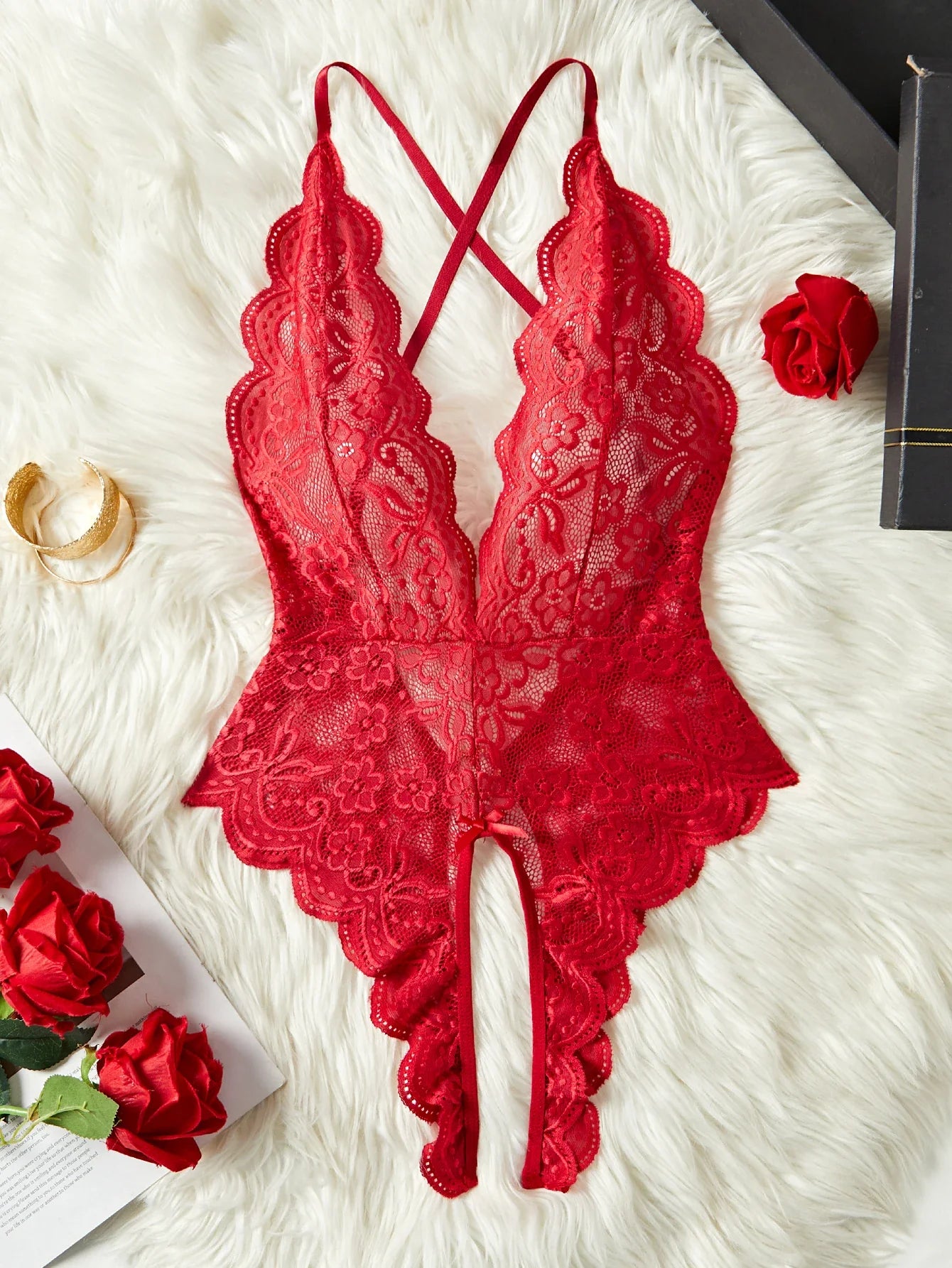 Red Backless Crotchless Transparent Lace Teddy Babydolls Bodysuits One-piece Deep V Neck Open Bra Erotic Lingerie