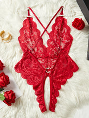 Red Backless Crotchless Transparent Lace Teddy Babydolls Bodysuits One-piece Deep V Neck Open Bra Erotic Lingerie