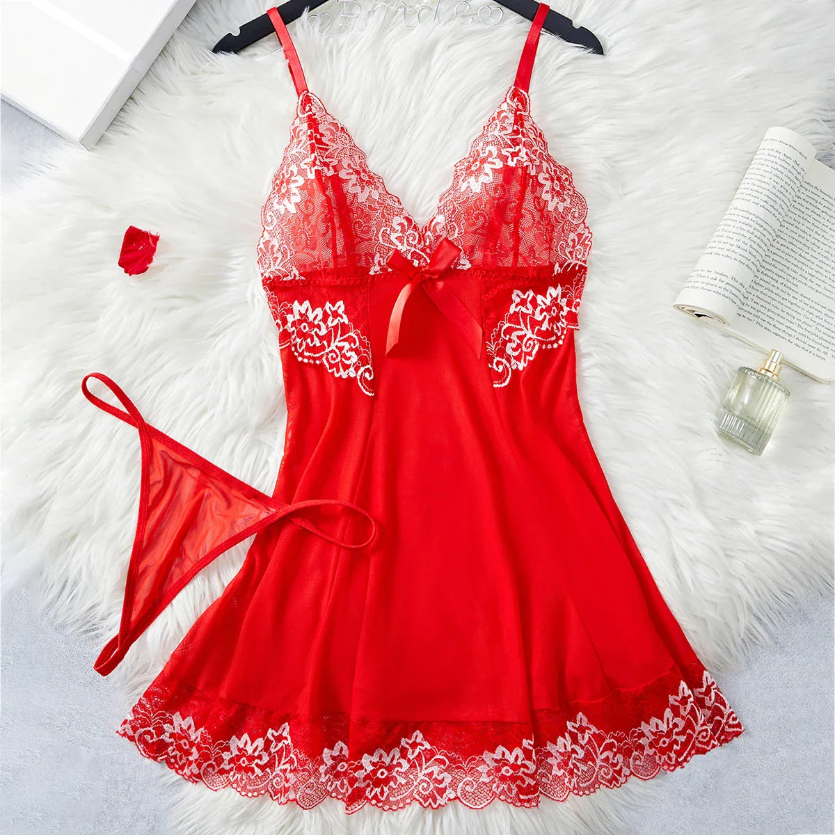 Red Contrast Mesh Lace Lingerie Set Nightdress & Thong Pijamas Set Lingerie Nightwear