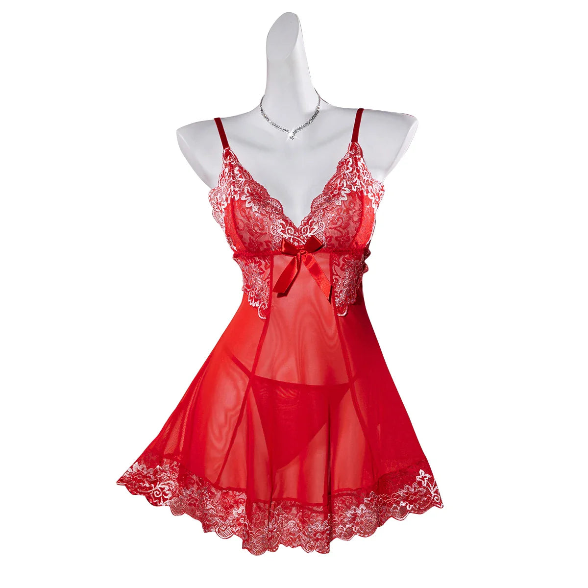 Red Contrast Mesh Lace Lingerie Set Nightdress & Thong Pijamas Set Lingerie Nightwear