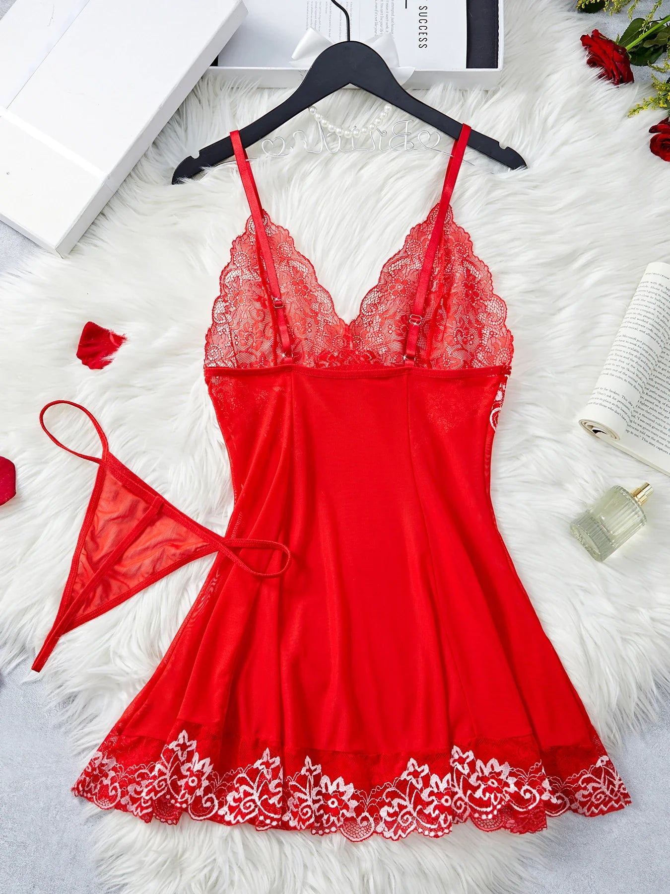 Red Contrast Mesh Lace Lingerie Set Nightdress & Thong Pijamas Set Lingerie Nightwear