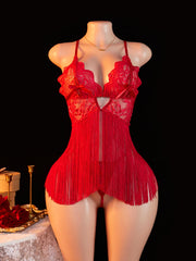 Red Hollow Out Erotic Lingerie Set Lace Teddy Babydoll