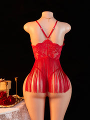 Red Hollow Out Erotic Lingerie Set Lace Teddy Babydoll