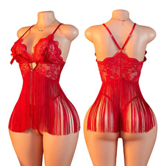 Red Hollow Out Erotic Lingerie Set Lace Teddy Babydoll