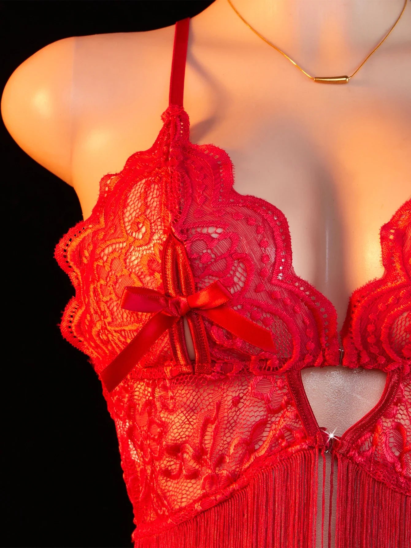 Red Hollow Out Erotic Lingerie Set Lace Teddy Babydoll