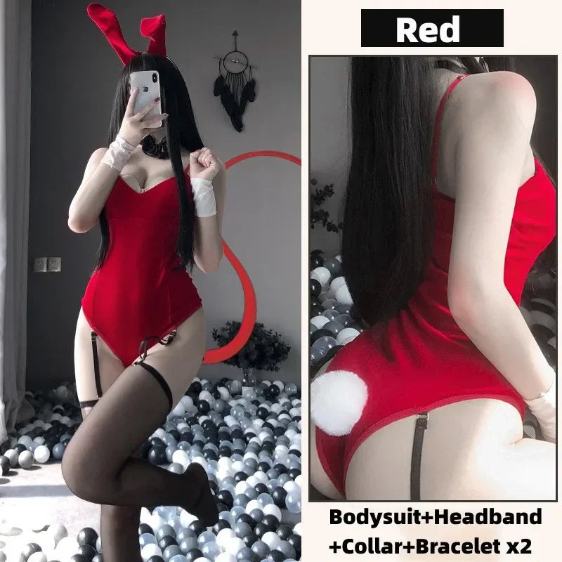 Red Kawaii Bunny Girl Costume Cosplay Lingerie Exotic Velvet Skinny Bodysuit+Garter Headband and Panties Set