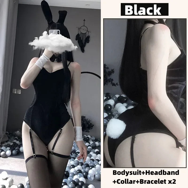 Red Kawaii Bunny Girl Costume Cosplay Lingerie Exotic Velvet Skinny Bodysuit+Garter Headband and Panties Set