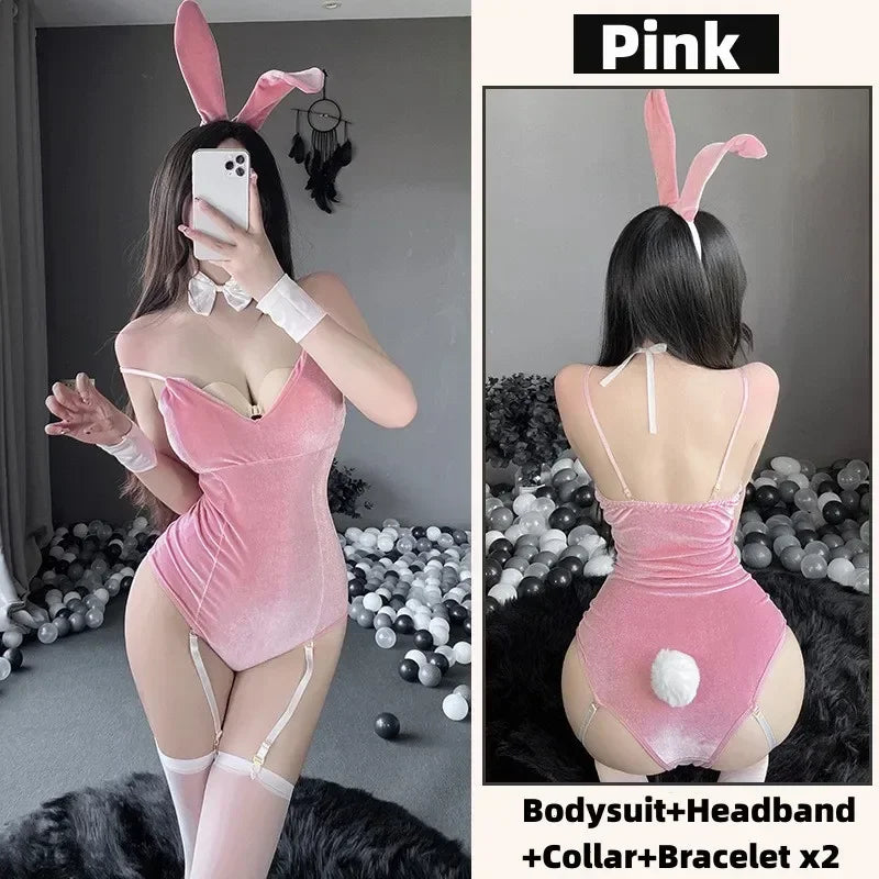 Red Kawaii Bunny Girl Costume Cosplay Lingerie Exotic Velvet Skinny Bodysuit+Garter Headband and Panties Set