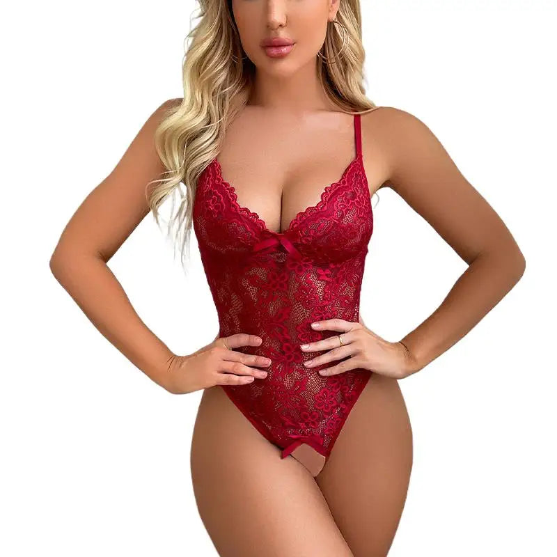 Red Crotchless Lingerie Lace Hollow Bodysuit Erotic Costumes Teddy Stripper Outfit Deep V Exotic Porn Underwear Set