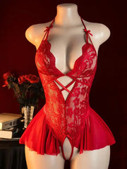 Red Open Bodysuit Crotchless Temptation Adult Erotic Lingerie Pajamas Lace