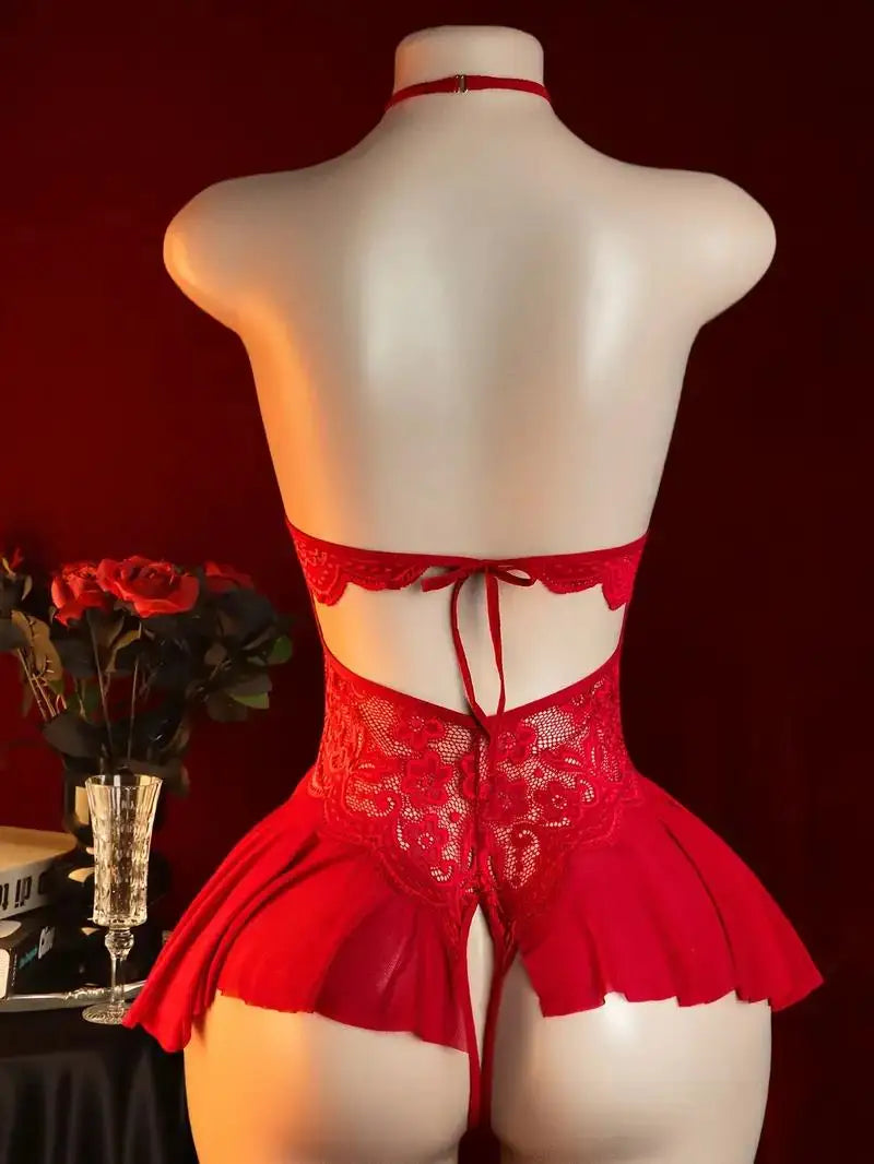 Red Open Bodysuit Crotchless Temptation Adult Erotic Lingerie Pajamas Lace