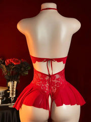 Red Open Bodysuit Crotchless Temptation Adult Erotic Lingerie Pajamas Lace