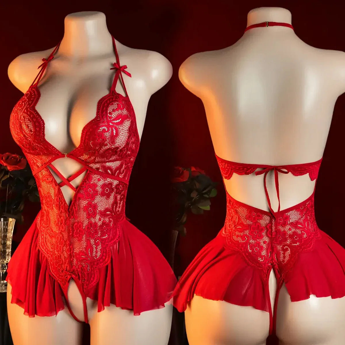 Red Open Bodysuit Crotchless Temptation Adult Erotic Lingerie Pajamas Lace