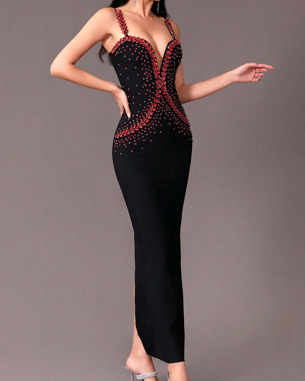 Red Crystal Embellished Maxi Dress Black