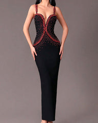 Red Crystal Embellished Maxi Dress Black
