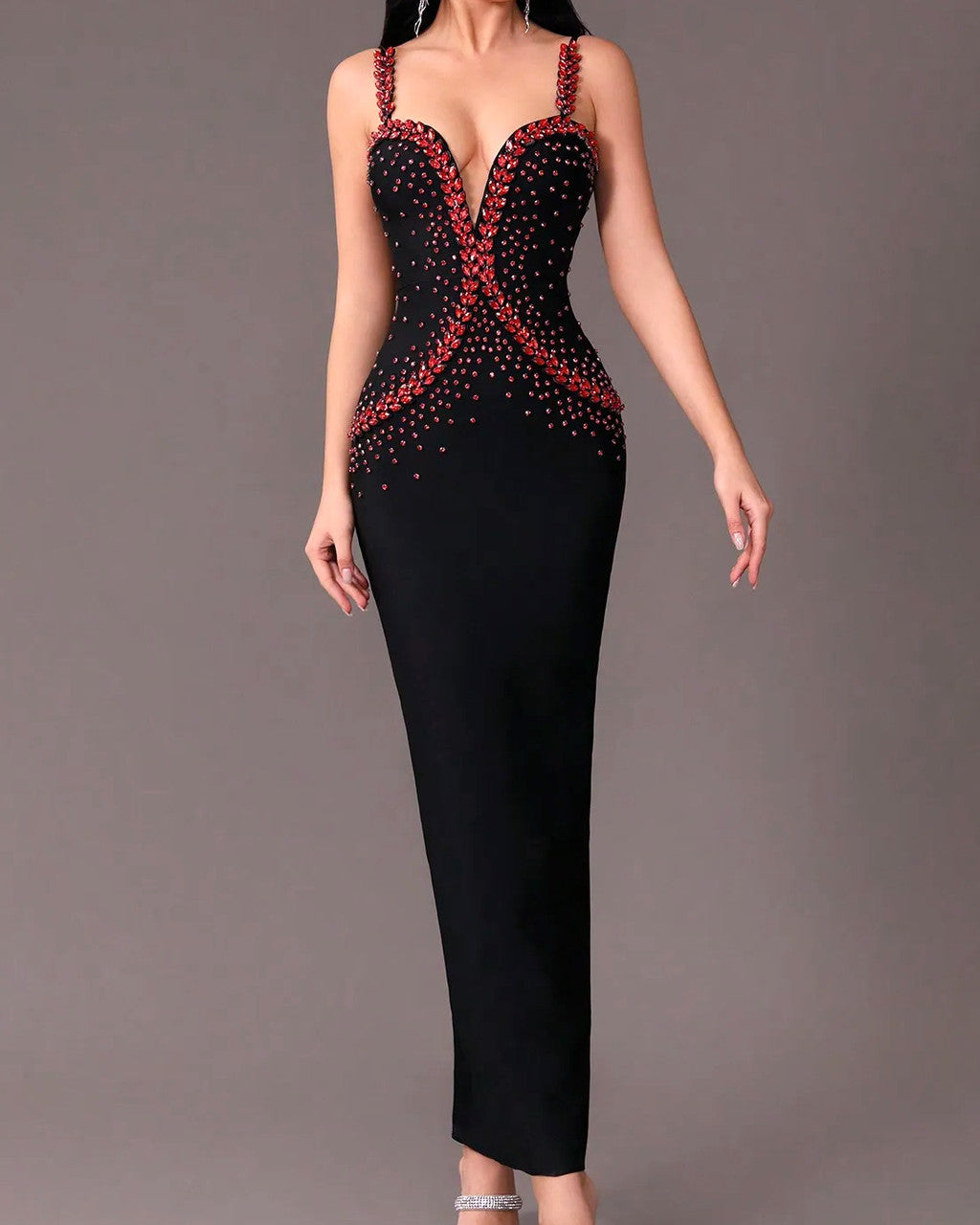 Red Crystal Embellished Maxi Dress Black
