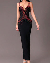 Red Crystal Embellished Maxi Dress Black