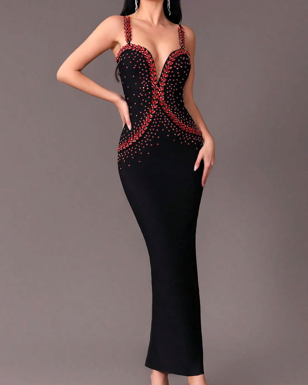 Red Crystal Embellished Maxi Dress Black