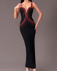 Red Crystal Embellished Maxi Dress Black