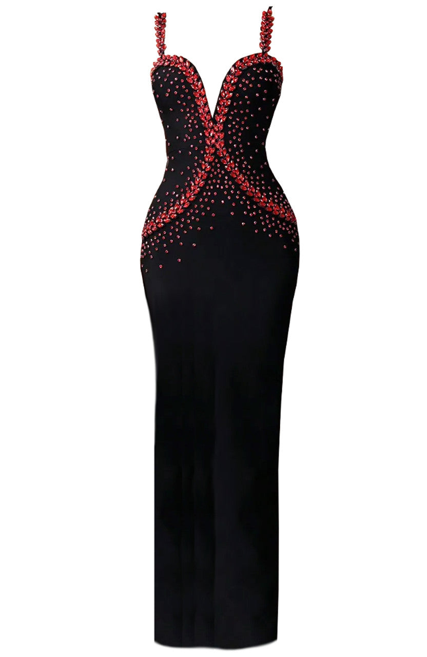Red Crystal Embellished Maxi Dress Black