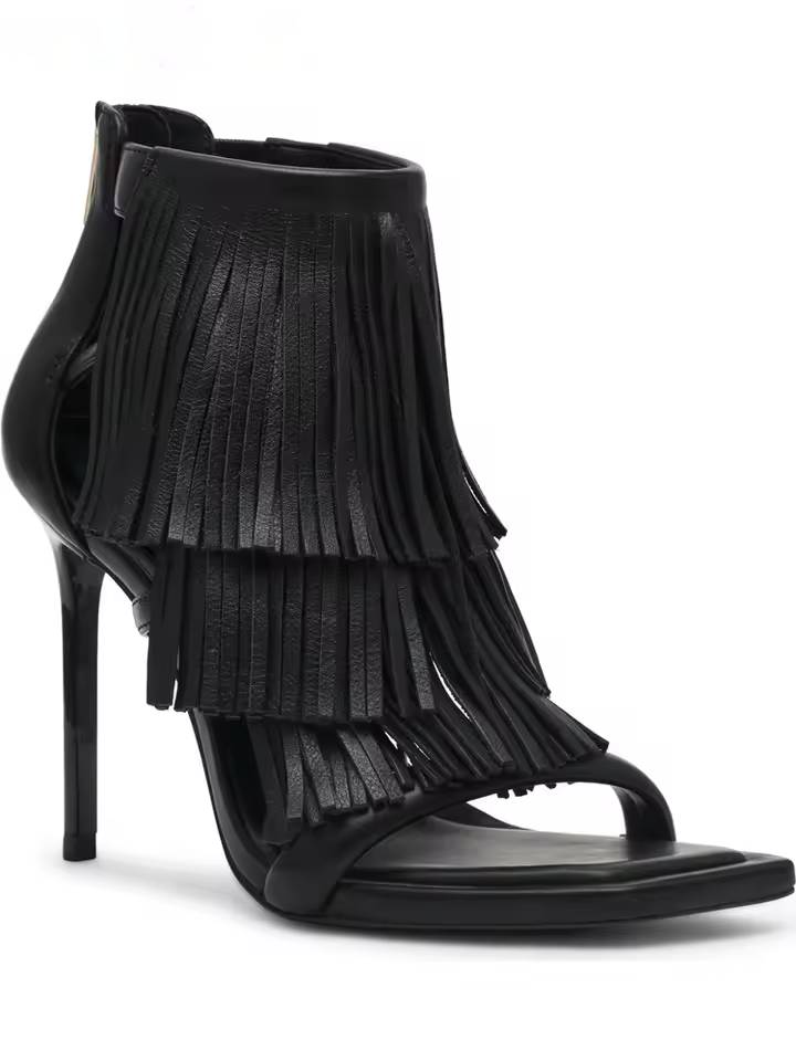 Retro Fringe Square Toe Back Zipper Stilettos Thin High Heels Sandals