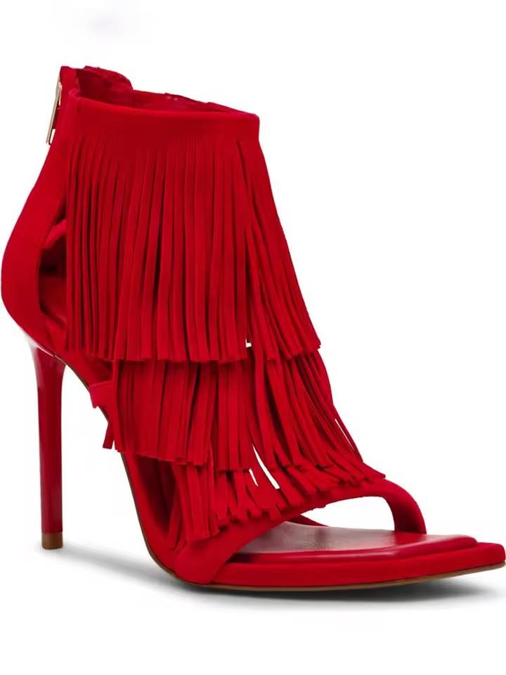 Retro Fringe Square Toe Back Zipper Stilettos Thin High Heels Sandals