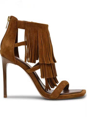Retro Fringe Square Toe Back Zipper Stilettos Thin High Heels Sandals