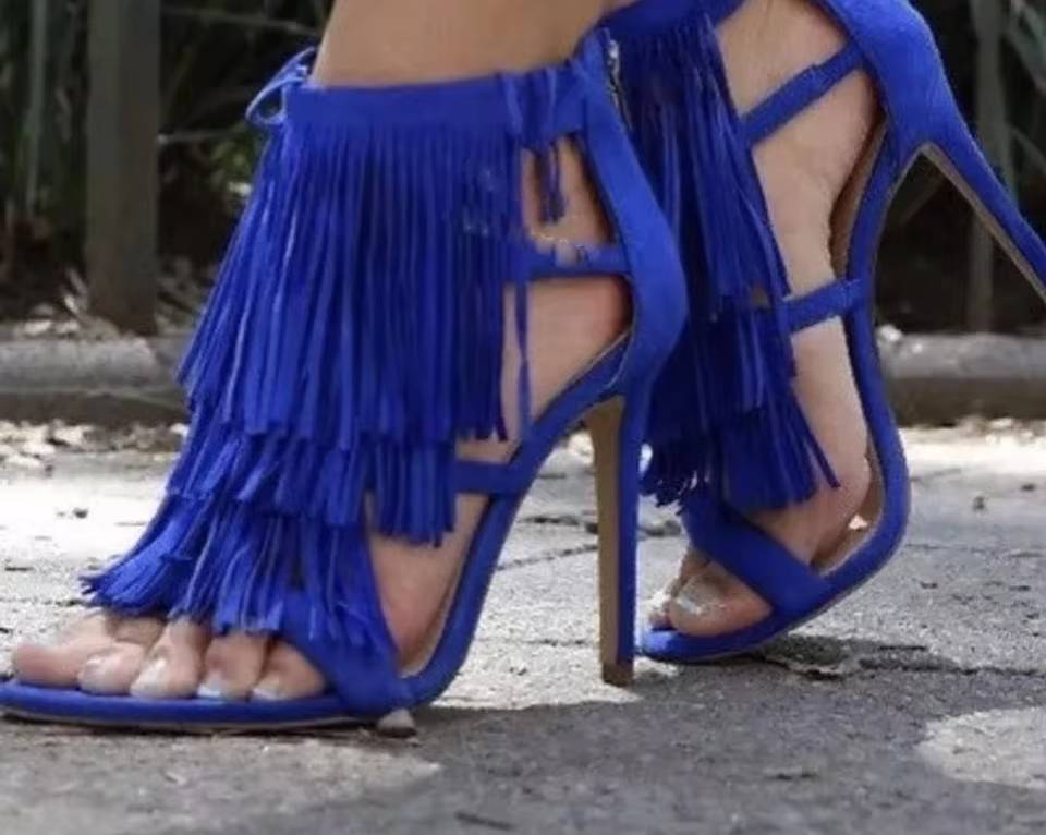 Retro Fringe Square Toe Back Zipper Stilettos Thin High Heels Sandals