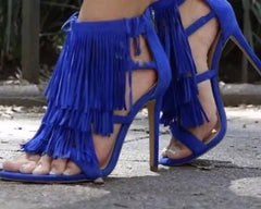 Retro Fringe Square Toe Back Zipper Stilettos Thin High Heels Sandals