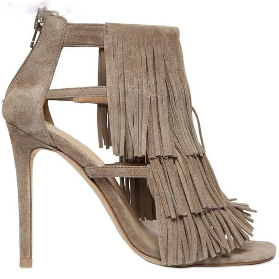 Retro Fringe Square Toe Back Zipper Stilettos Thin High Heels Sandals