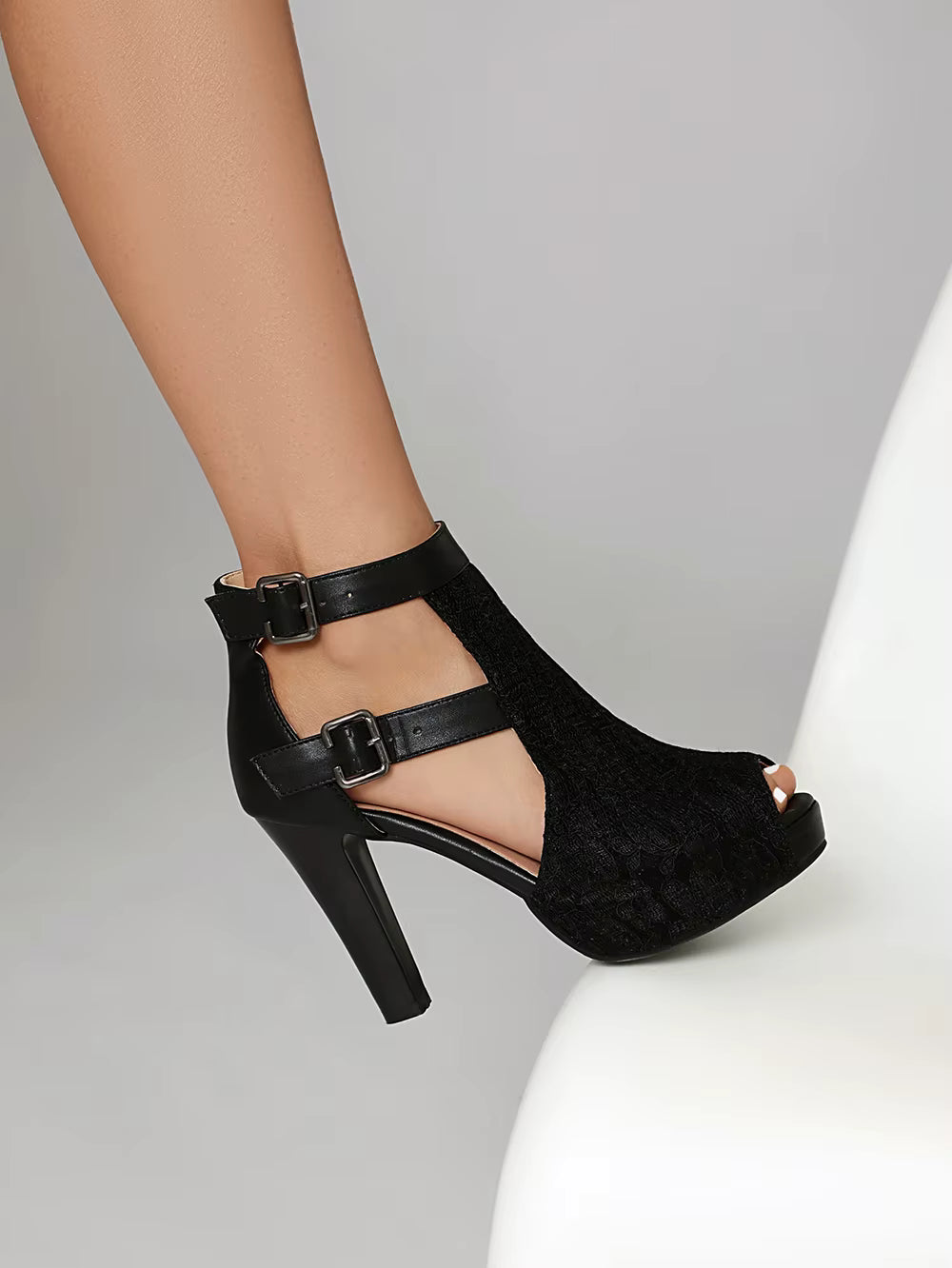 Retro Patchwork Buckle Open Toe Super Spike High Heels