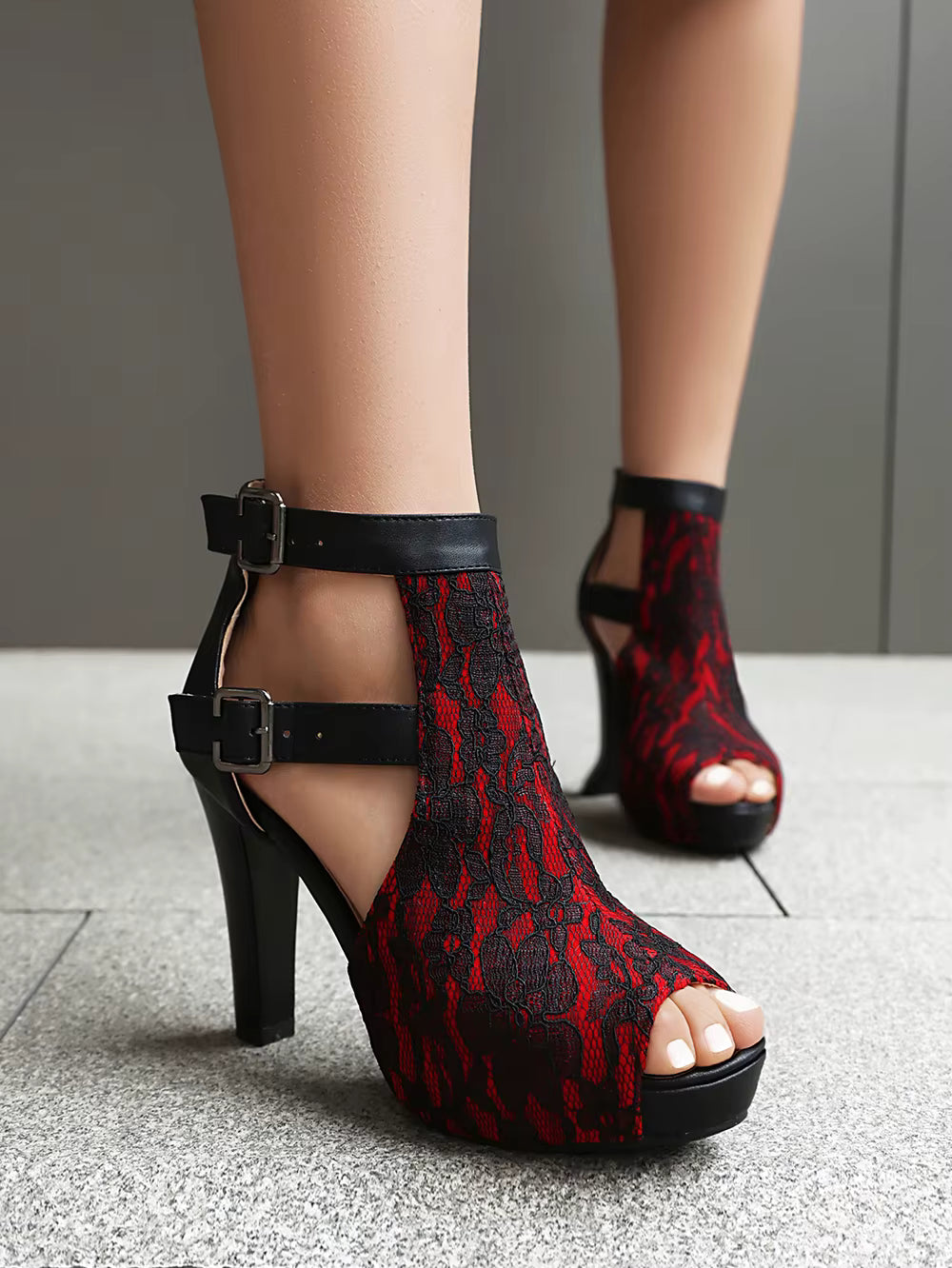 Retro Patchwork Buckle Open Toe Super Spike High Heels