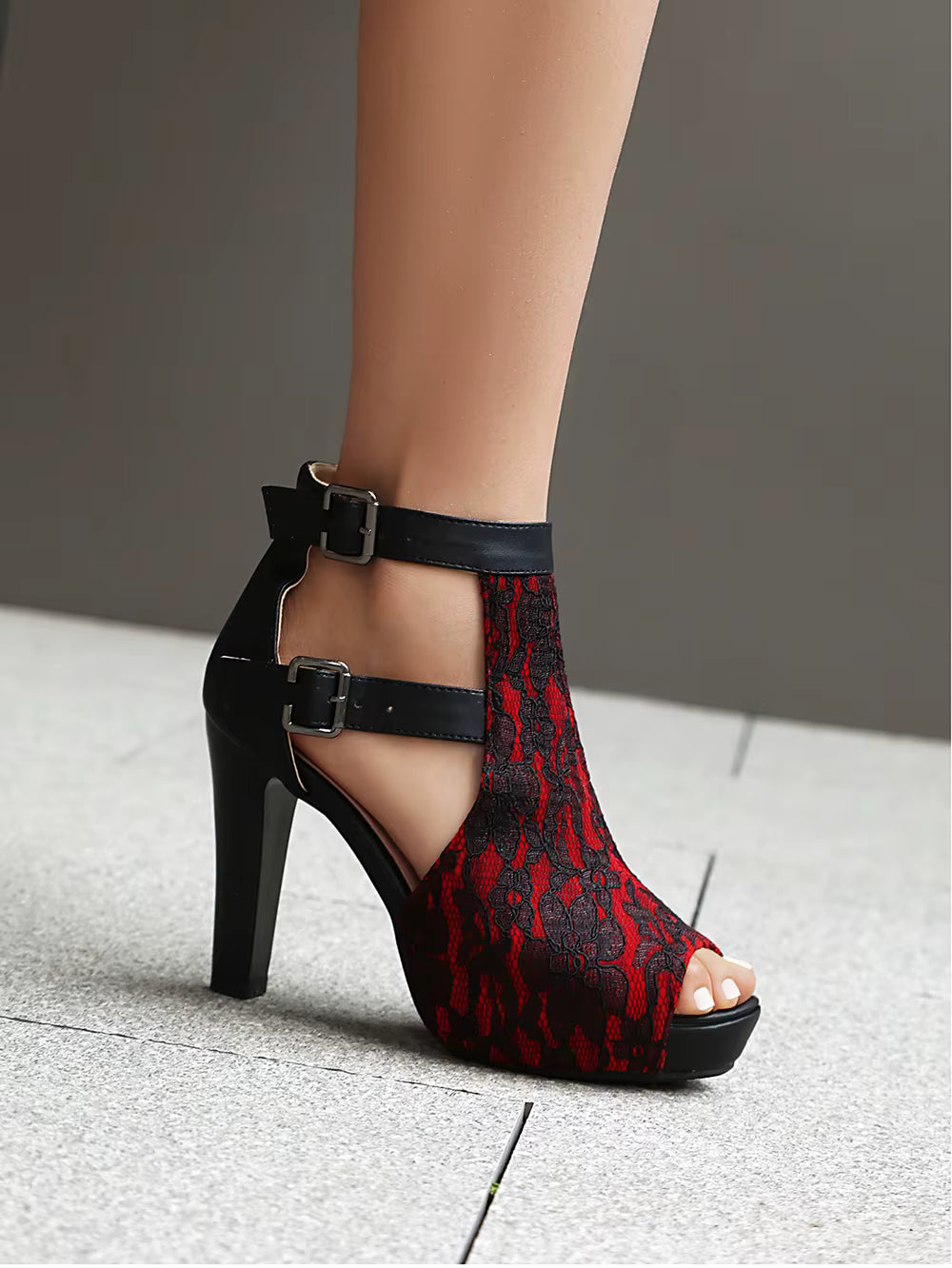 Retro Patchwork Buckle Open Toe Super Spike High Heels