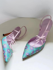 Retro Satin Embroidery  Pointed High Heels
