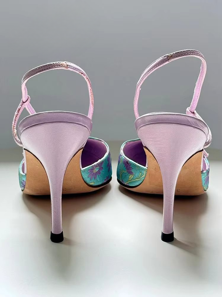 Retro Satin Embroidery  Pointed High Heels