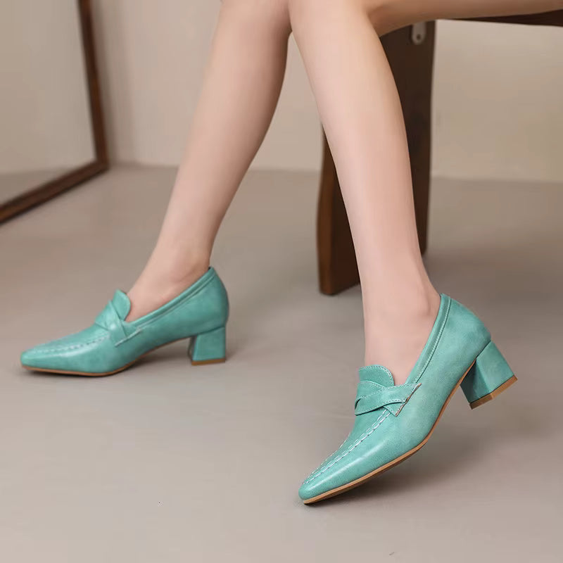 Retro Square Toe Chunky Slip On Vintage Daily Office Lady Shoes