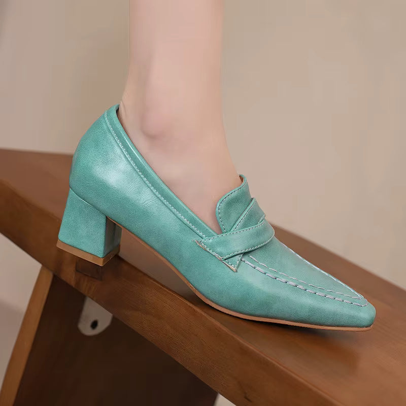 Retro Square Toe Chunky Slip On Vintage Daily Office Lady Shoes