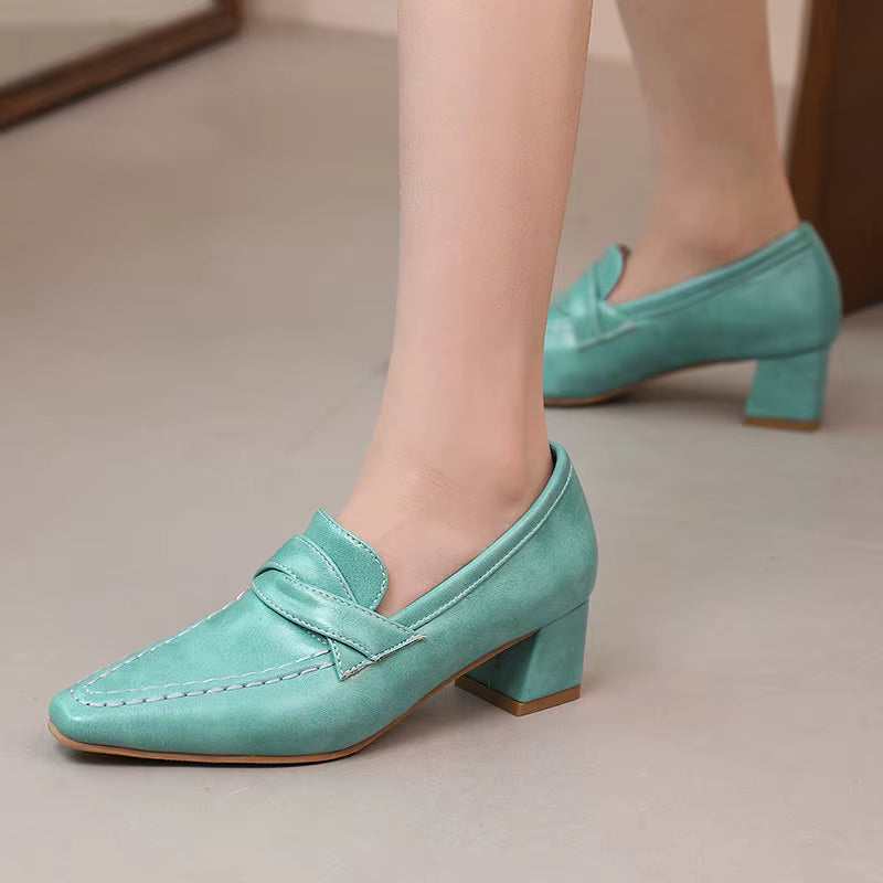 Retro Square Toe Chunky Slip On Vintage Daily Office Lady Shoes