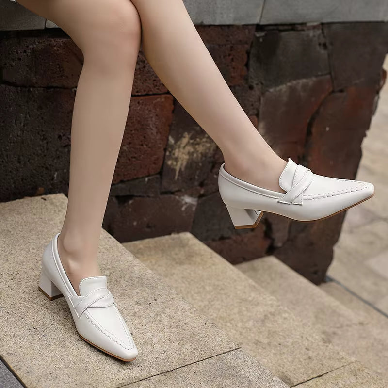 Retro Square Toe Chunky Slip On Vintage Daily Office Lady Shoes