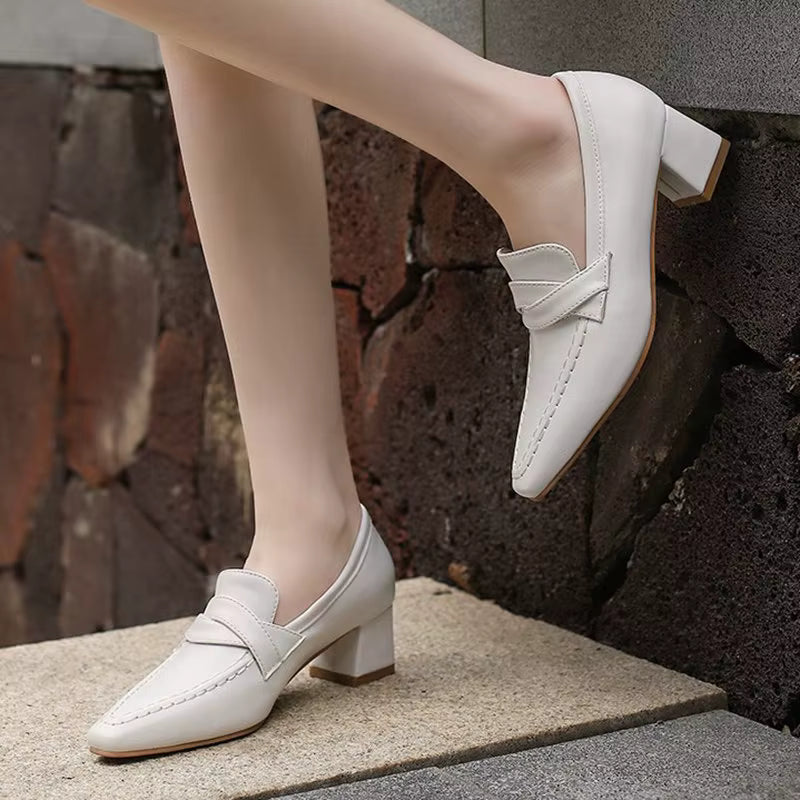 Retro Square Toe Chunky Slip On Vintage Daily Office Lady Shoes
