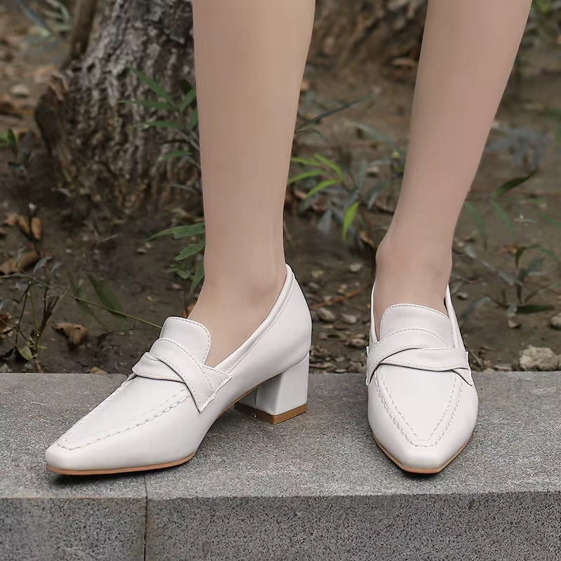 Retro Square Toe Chunky Slip On Vintage Daily Office Lady Shoes