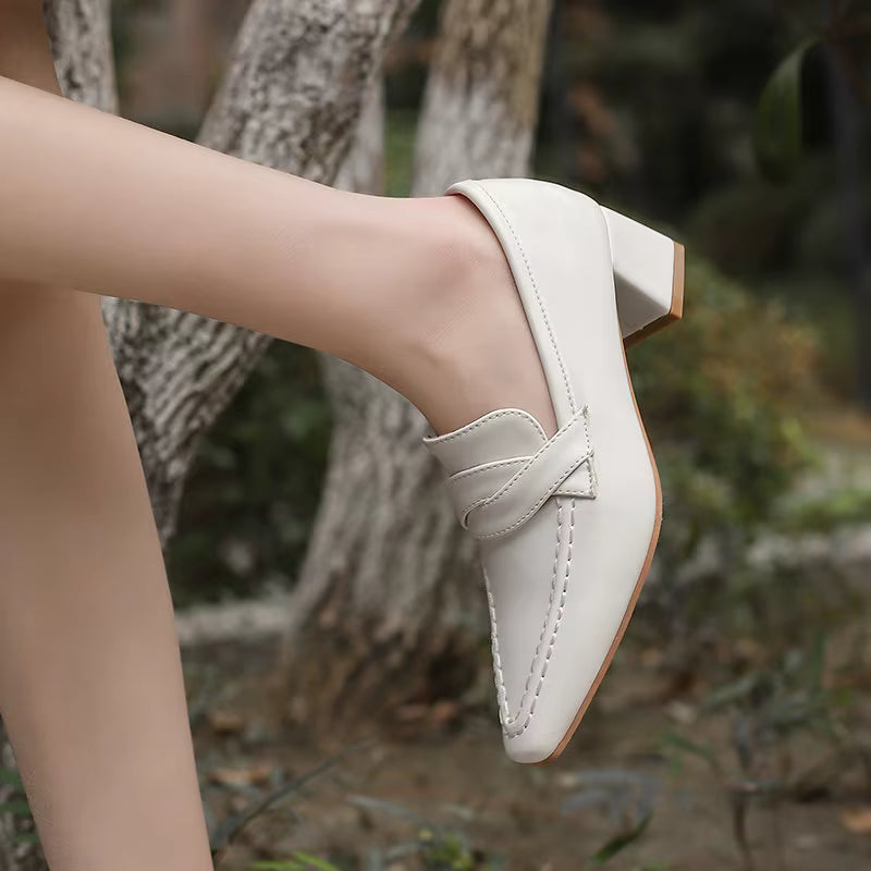 Retro Square Toe Chunky Slip On Vintage Daily Office Lady Shoes