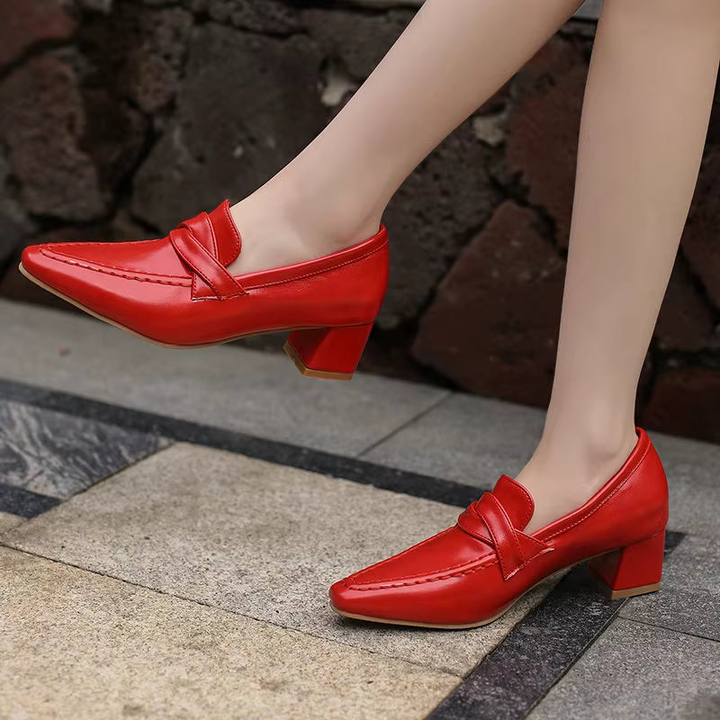 Retro Square Toe Chunky Slip On Vintage Daily Office Lady Shoes