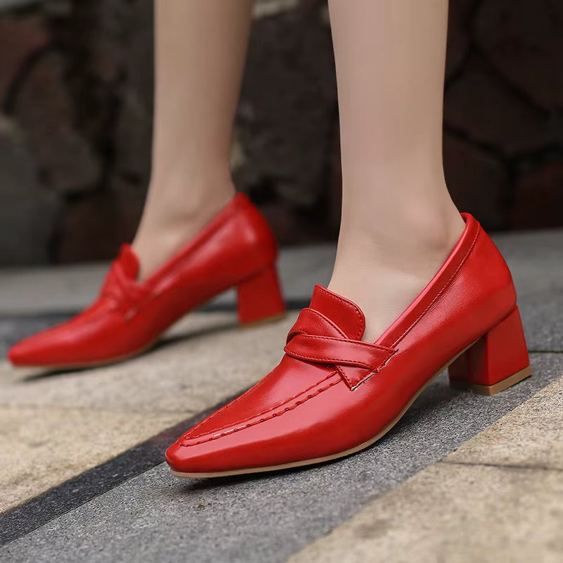 Retro Square Toe Chunky Slip On Vintage Daily Office Lady Shoes