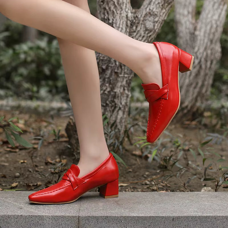 Retro Square Toe Chunky Slip On Vintage Daily Office Lady Shoes